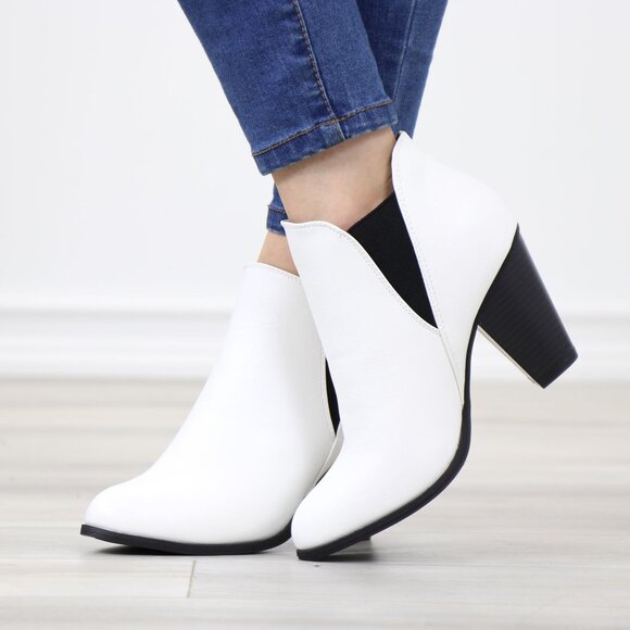 White Ankle Boots Pointed Toe Slip-On Black Elastic Block Heel Booties - Picture 9 of 12